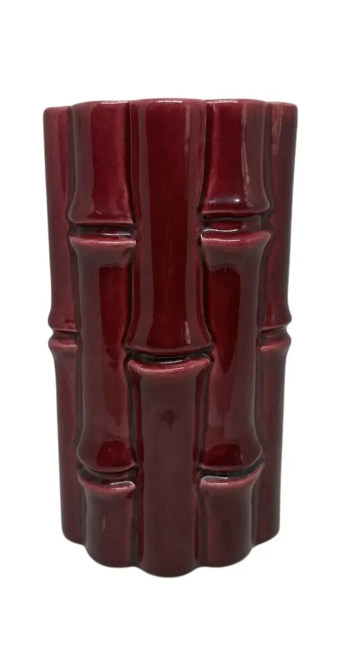 Red Wing USA Burgundy Bamboo Ceramic 7.5” Tall Vase #400 Light Grey interior VTG